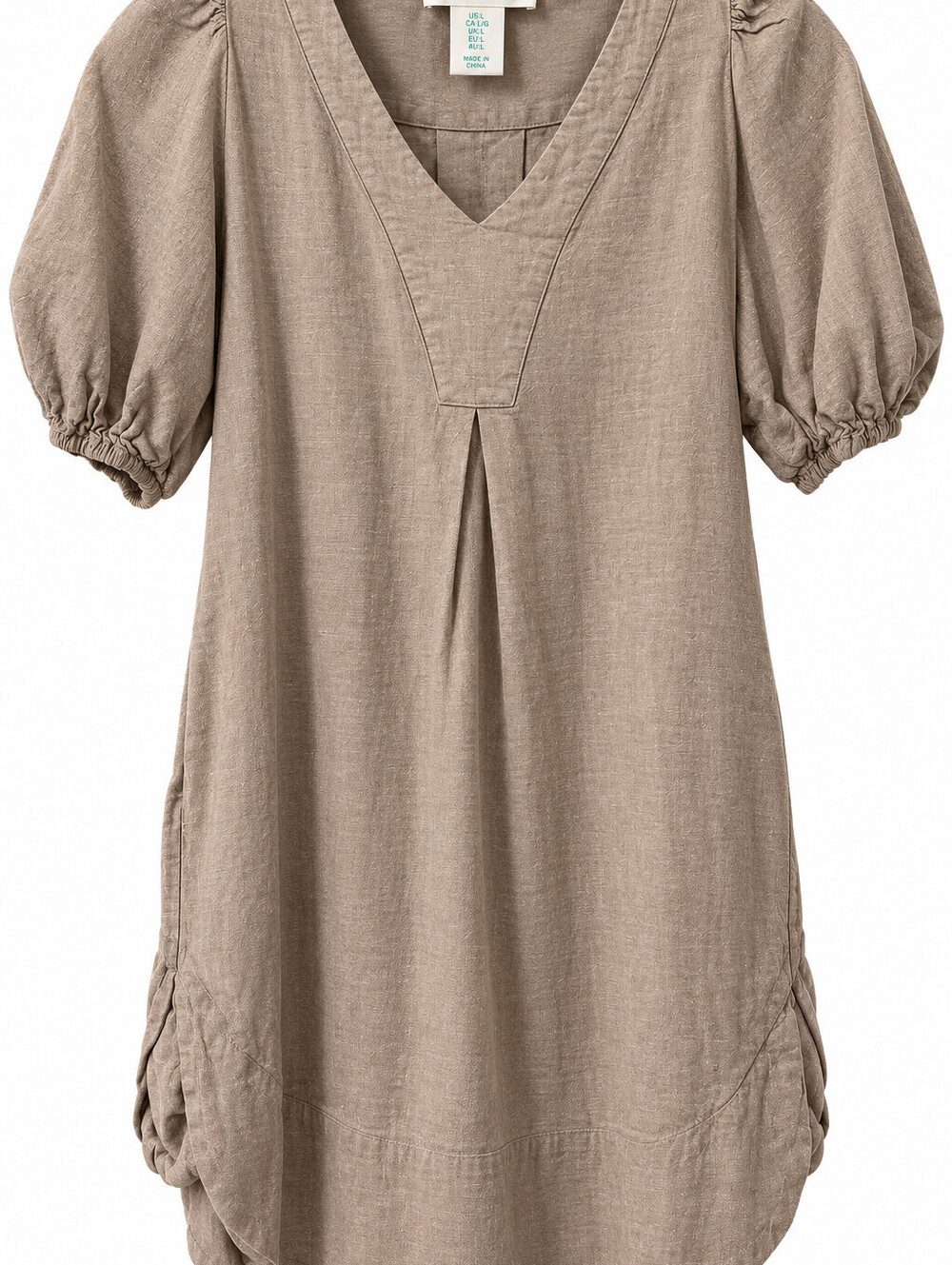 Cynthia Rowley Womens L Linen Blend Shift Dress Puff Sleeve V Neck Taupe 34"